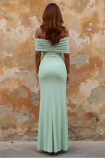Green Ruched Off The Shoulder Sleeveless Side Slit Evening Dress