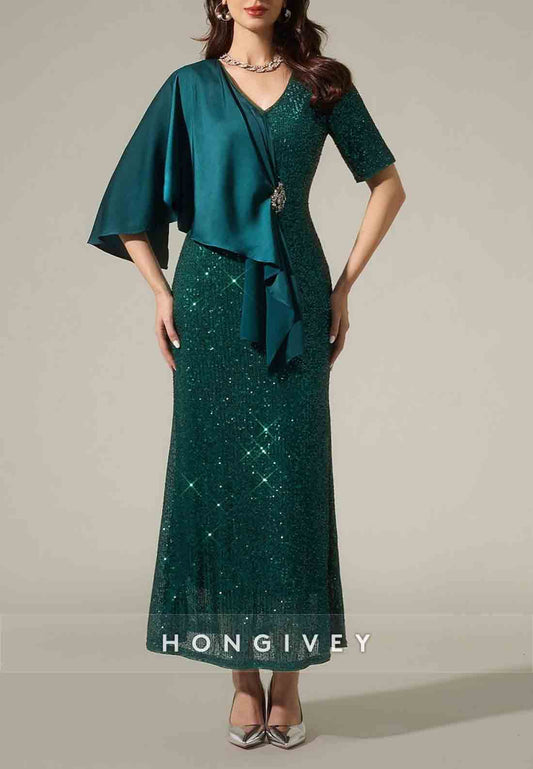 Trumpet Ankle-Length V Neck Short Sleeve V Back Glitter Mother of the Bride Dress