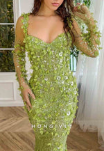 Green Long Sleeves Flowers Embroidery Floor-Length Mermaid Evening Gowns