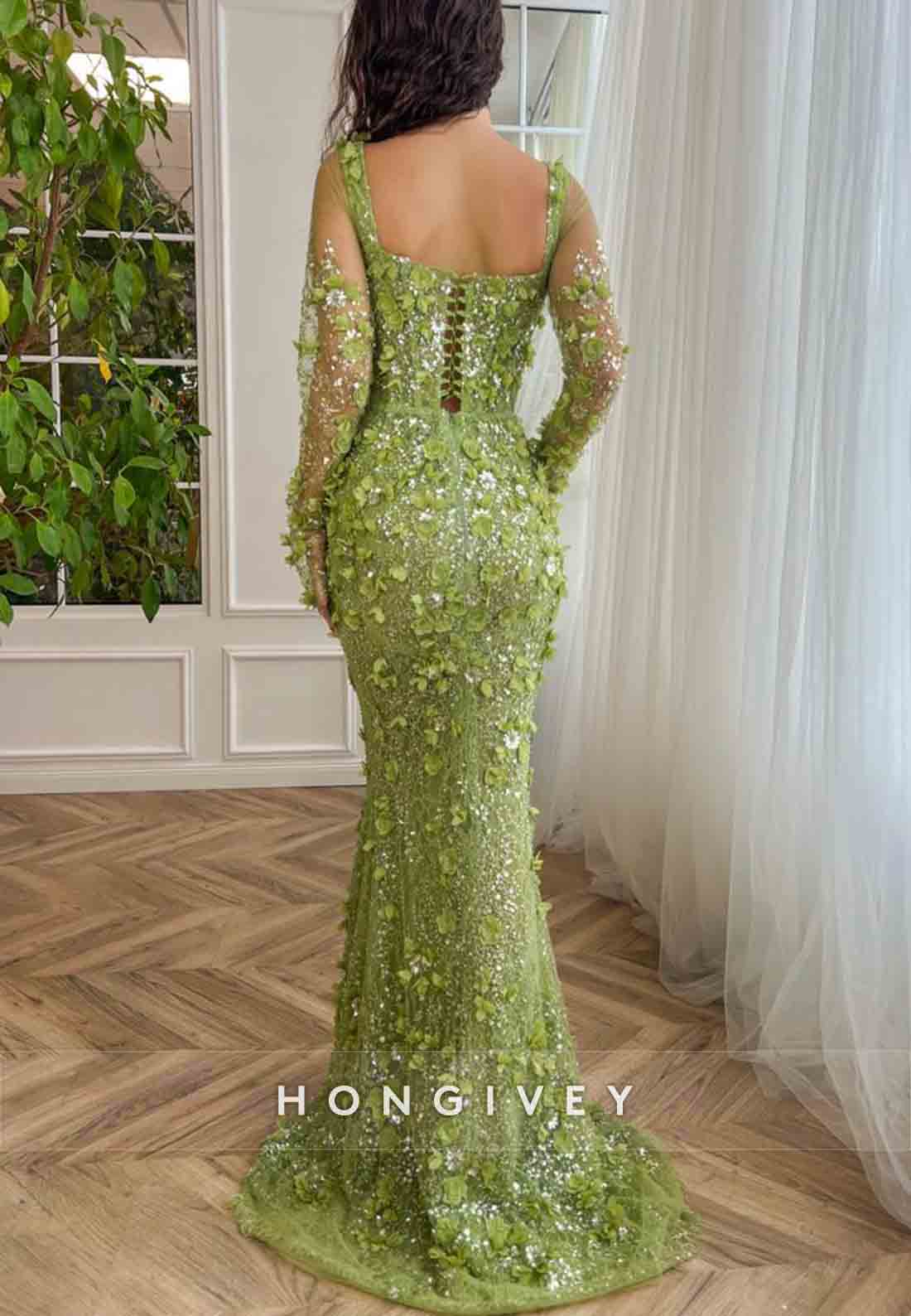 Green Long Sleeves Flowers Embroidery Floor-Length Mermaid Evening Gowns