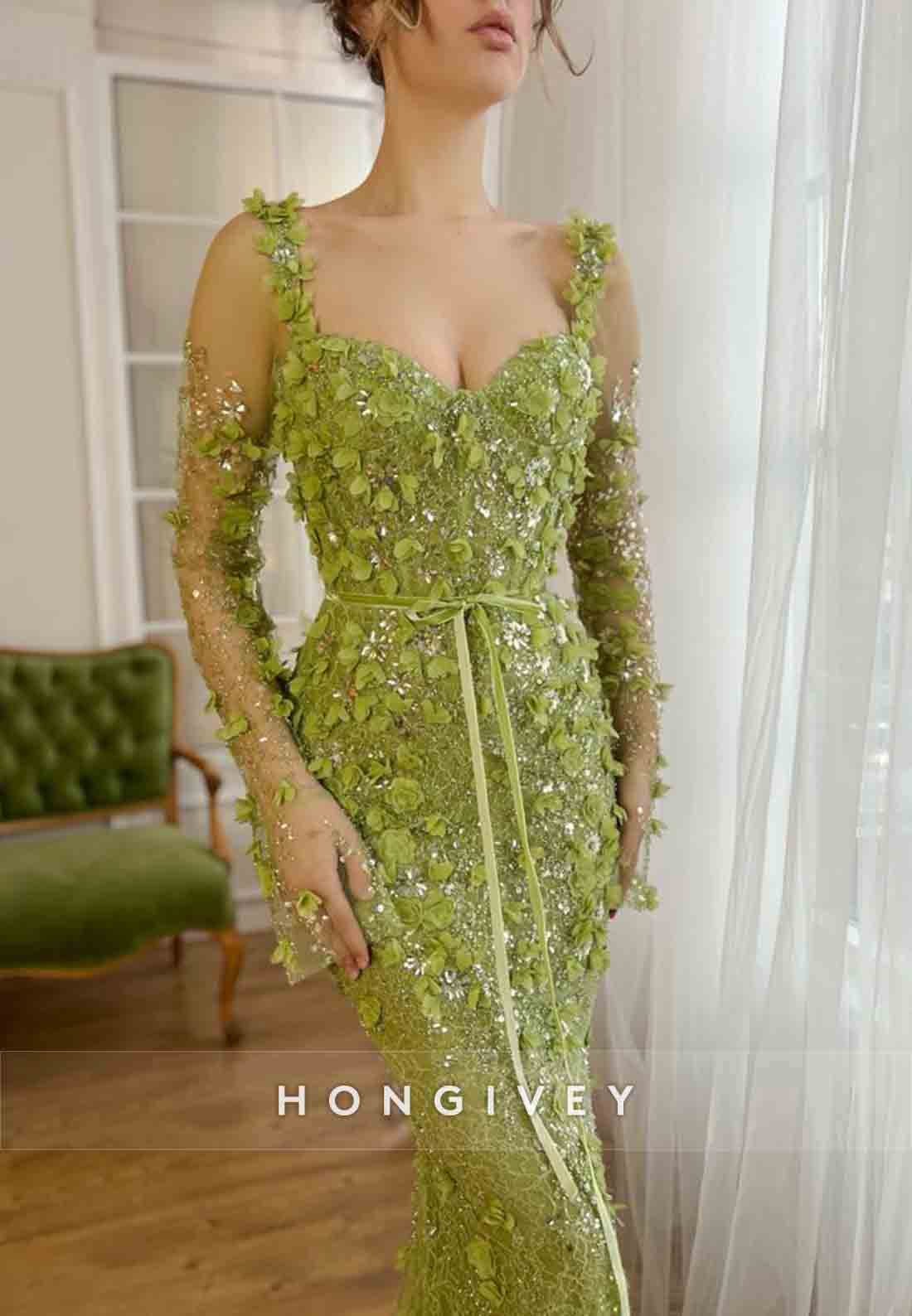Green Long Sleeves Flowers Embroidery Floor-Length Mermaid Evening Gowns