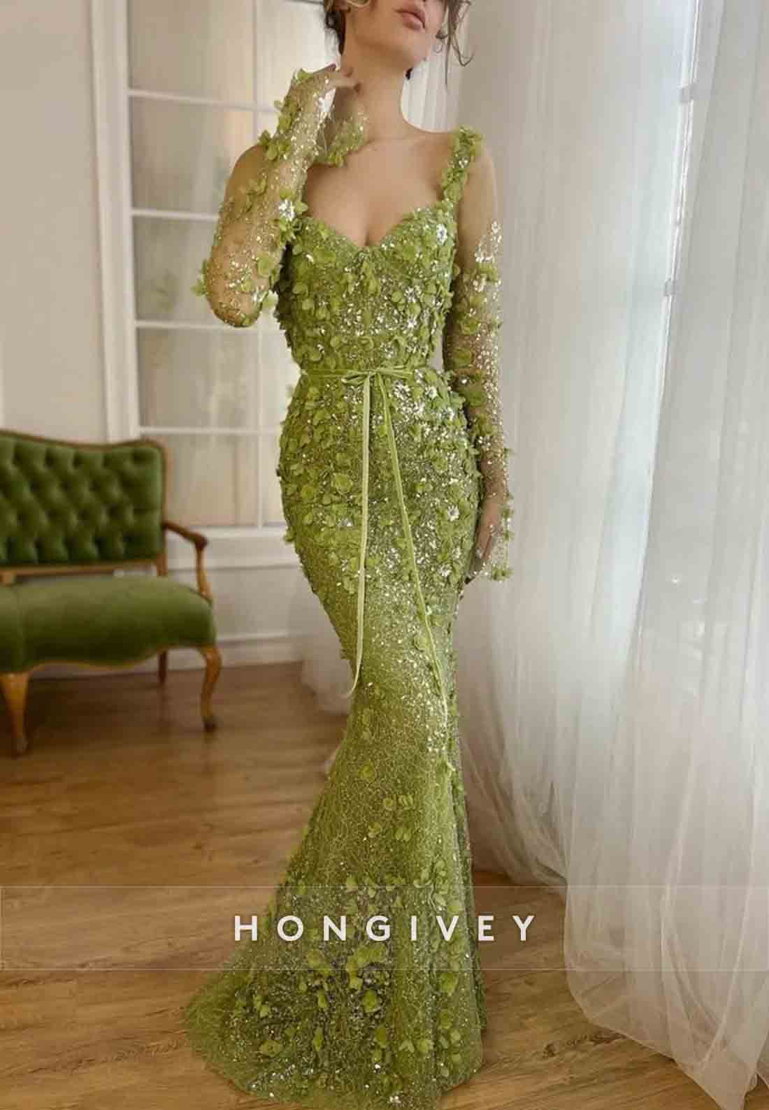 Green Long Sleeves Flowers Embroidery Floor-Length Mermaid Evening Gowns
