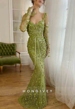 Green Long Sleeves Flowers Embroidery Floor-Length Mermaid Evening Gowns
