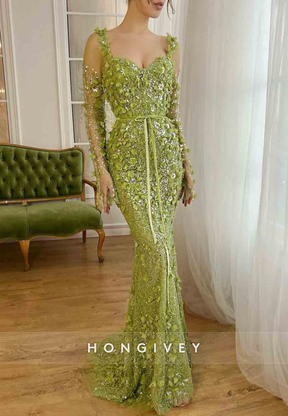 Green Long Sleeves Flowers Embroidery Floor-Length Mermaid Evening Gowns