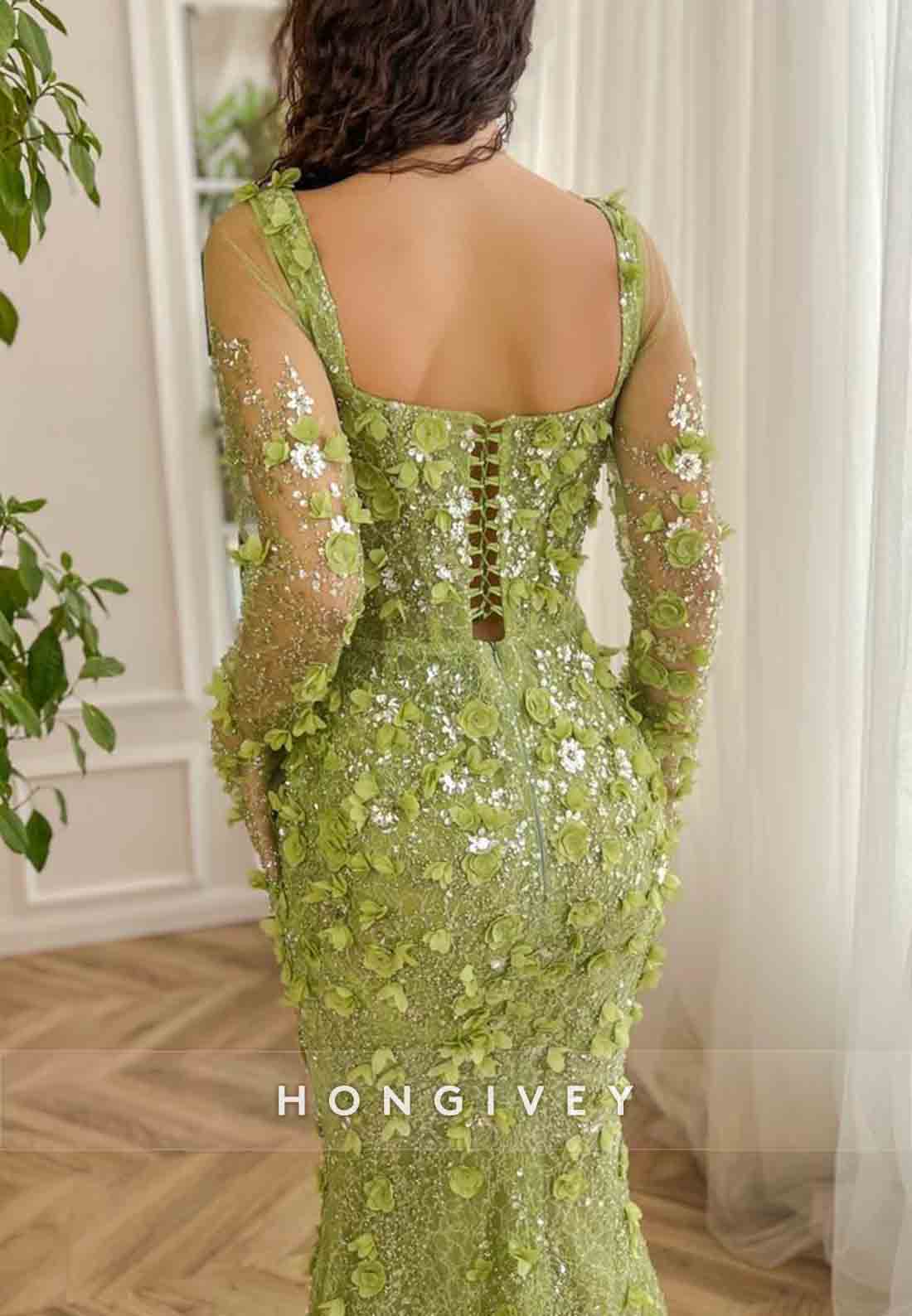Green Long Sleeves Flowers Embroidery Floor-Length Mermaid Evening Gowns