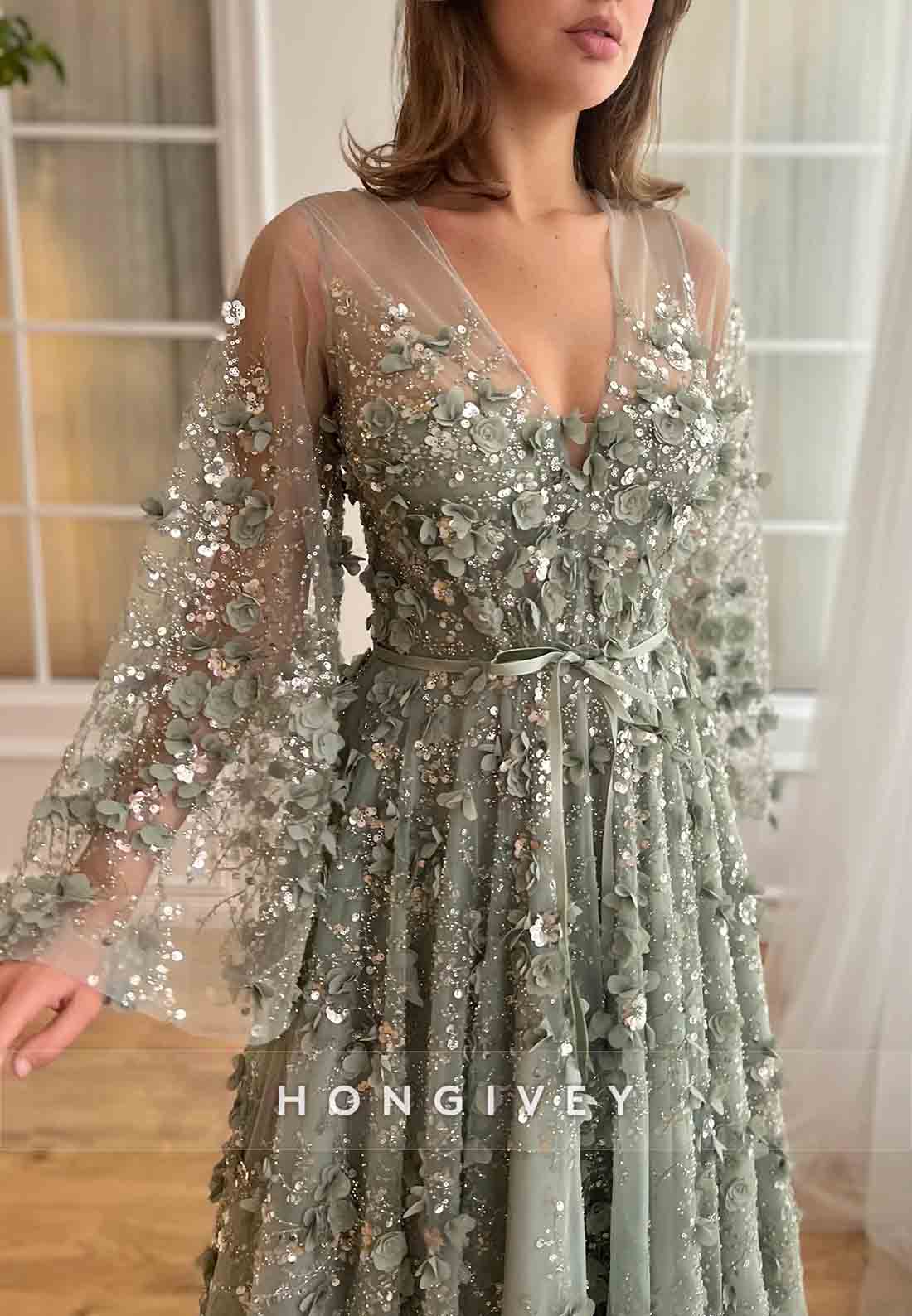 V-Neck Long Sleeves Flowers Embroidery V Back Floor-Length Evening Gowns