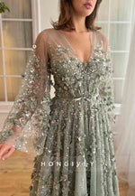 V-Neck Long Sleeves Flowers Embroidery V Back Floor-Length Evening Gowns
