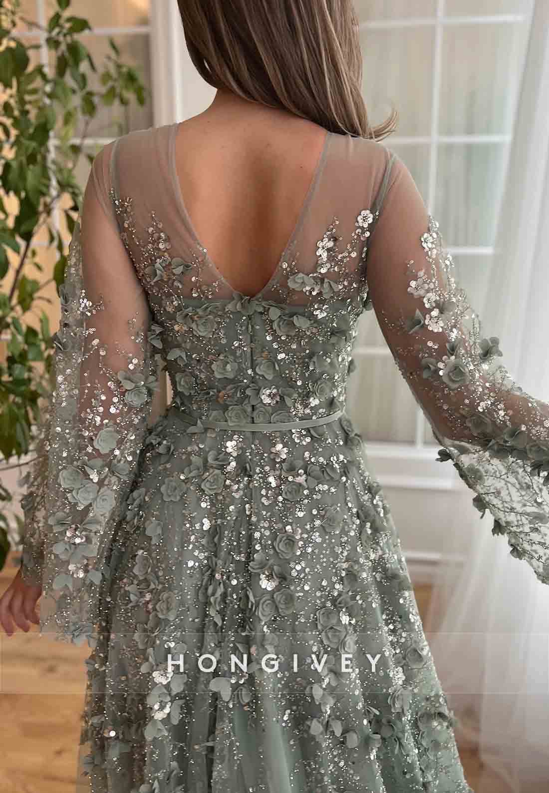 V-Neck Long Sleeves Flowers Embroidery V Back Floor-Length Evening Gowns