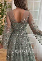 V-Neck Long Sleeves Flowers Embroidery V Back Floor-Length Evening Gowns