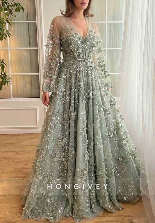 V-Neck Long Sleeves Flowers Embroidery V Back Floor-Length Evening Gowns