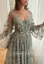 V-Neck Long Sleeves Flowers Embroidery V Back Floor-Length Evening Gowns