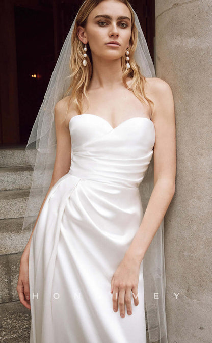 H0804 - Ruched High Slit Strapless Open Back Sleeveless With Train Wedding Dress