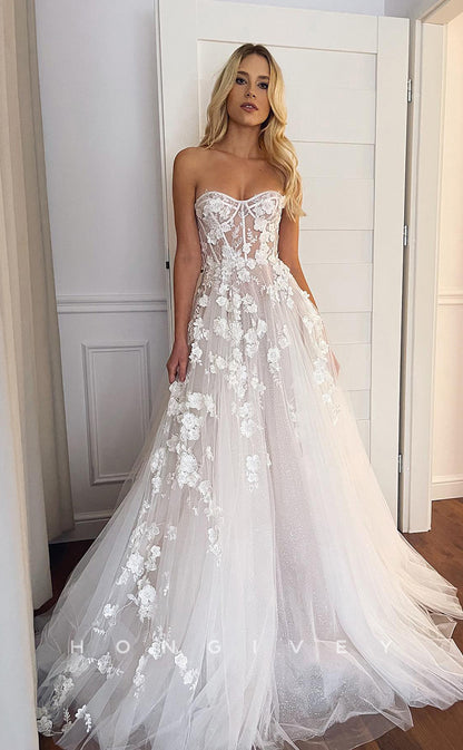 H0813 - Floral Embroidered Sheer Sleeveless Strapless With Train Wedding Dress