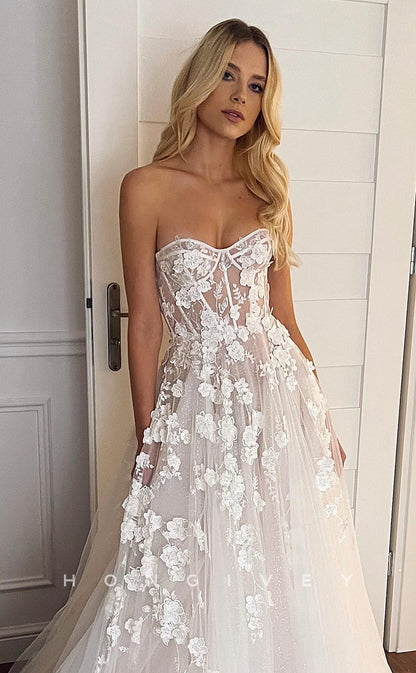 H0813 - Floral Embroidered Sheer Sleeveless Strapless With Train Wedding Dress