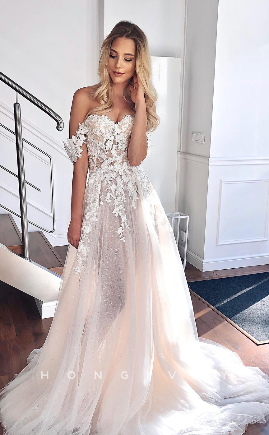 H0814 - Floral Lace Sparkly Sleeveless With Tulle Train Sheer Ballgown Wedding Dress