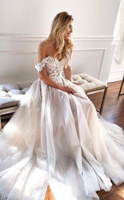 H0814 - Floral Lace Sparkly Sleeveless With Tulle Train Sheer Ballgown Wedding Dress