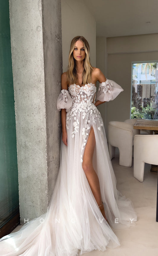 H0818 - Floral Embroidered Sheer High Slit With Tulle Train Bell Sleeved Wedding Dress