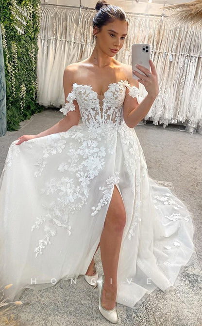 H0840 - Fully Floral Appliqued Plunging Illusion With Slit And Train Romntic Wedding Dress
