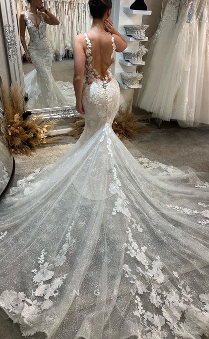 H0841 - Fully Floral Appliqued Plunging Illusion Mermaid With Tulle Train Rustic Wedding Dress