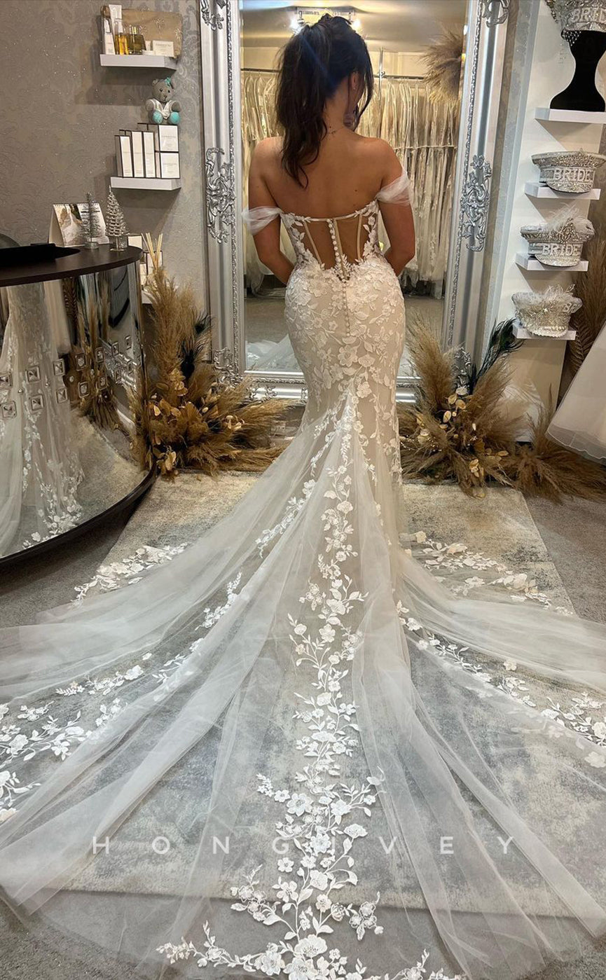 H0843 - Fully Floral Appliqued Lace Plunging Illusion Mermaid With TulleTrain Romantic Wedding Dress
