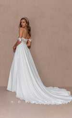 H0852 - Floral Appliqued Lace Embroidered Illusion With Train And High Slit Romantic Wedding Dress