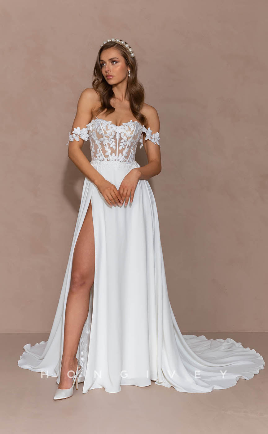 H0852 - Floral Appliqued Lace Embroidered Illusion With Train And High Slit Romantic Wedding Dress