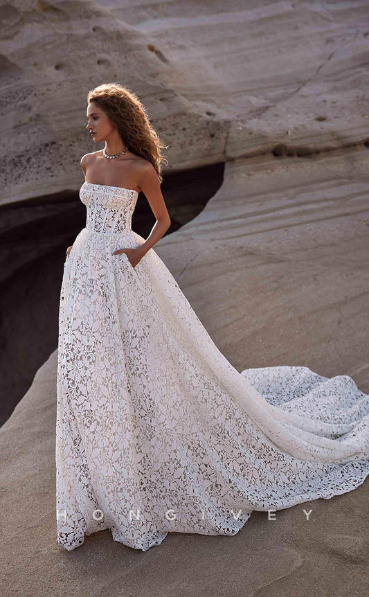 H0853 - Fully Floral Lace strapless Lace-Up Back With Train Romantic Beach Wedding Dress