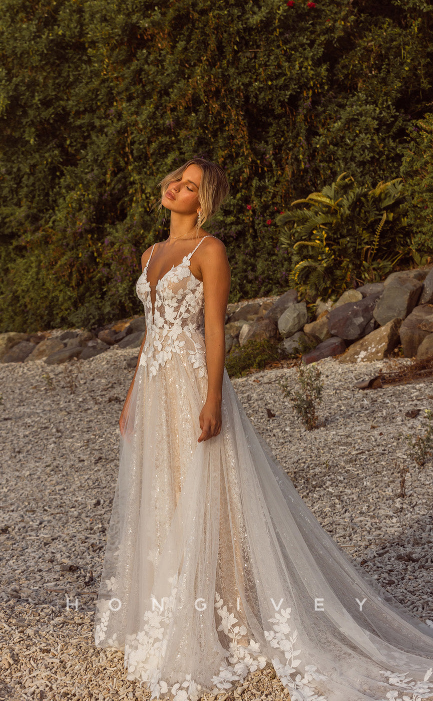 H0854 -  Fully Floral Foliage Motif Lace Illusion Plunging Illusion With Train Beach Wedding Dress