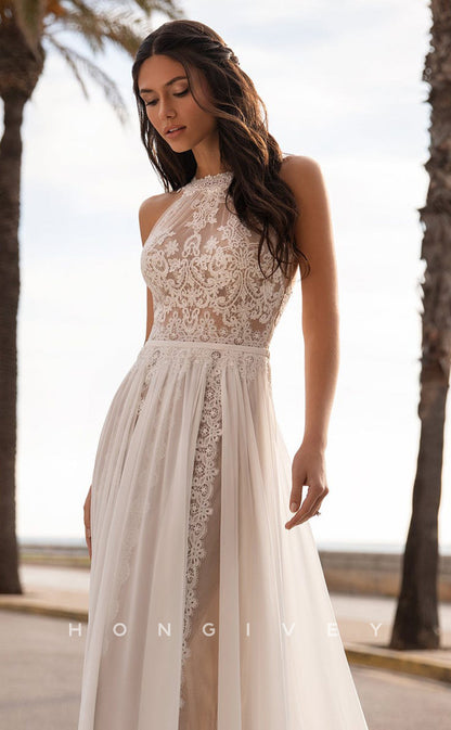 H0856 - Sexy Illusion Fully Floral Lace Embroidered With Train Boho Wedding Dress