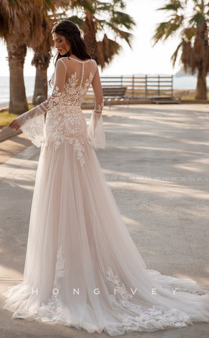 H0857 - Sheer Floral Lace Embroidered Plunging Illusion Bell Sleeved With Slit  And Train Boho Wedding Dress