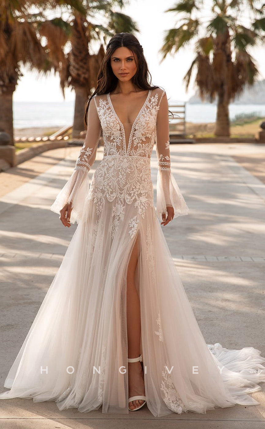 H0857 - Sheer Floral Lace Embroidered Plunging Illusion Bell Sleeved With Slit  And Train Boho Wedding Dress