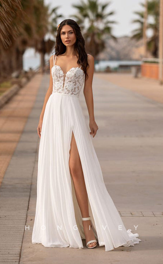H0858 - Sheer Floral Lace Embroidered Plunging Illusion Lace-Up Back Crisscross With Slit  And Train Wedding Dress