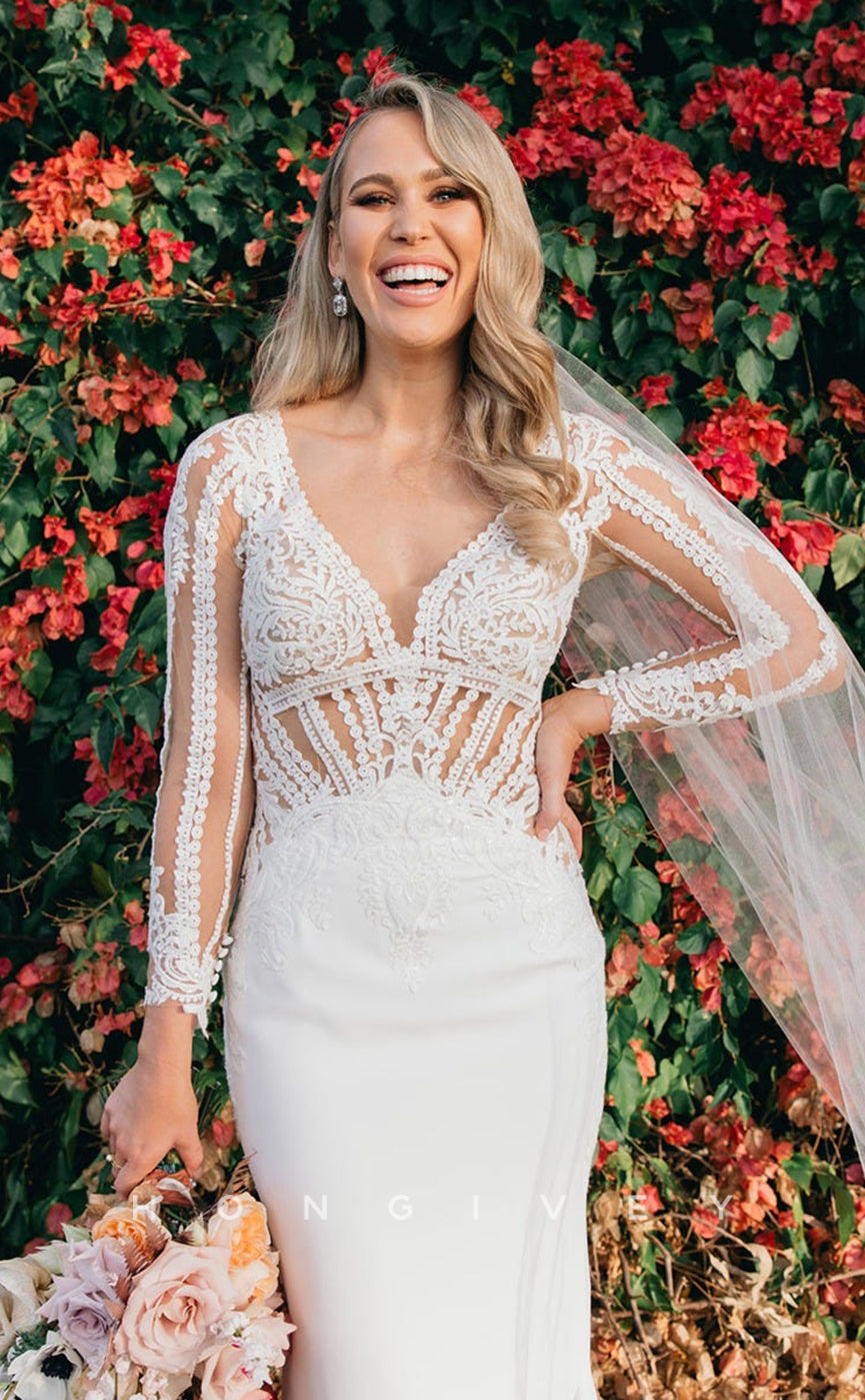 H0860 - Sheer Cutout Lace Embroidered Plunging Illusion With Train Wedding Dress