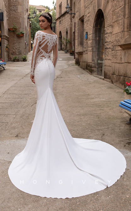 H0860 - Sheer Cutout Lace Embroidered Plunging Illusion With Train Wedding Dress