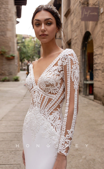 H0860 - Sheer Cutout Lace Embroidered Plunging Illusion With Train Wedding Dress