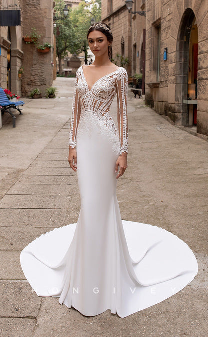 H0860 - Sheer Cutout Lace Embroidered Plunging Illusion With Train Wedding Dress