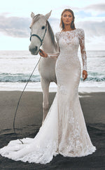 H0861 - Illusion Fully Lace Embroidered Long Sleeve Open Back With Train Wedding Dress