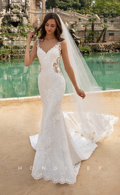 H0863 - Illusion Fully Floral Lace Cutout Open Back Mermaid With Train Wedding Dress