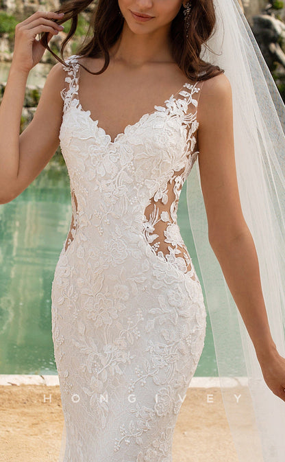 H0863 - Illusion Fully Floral Lace Cutout Open Back Mermaid With Train Wedding Dress