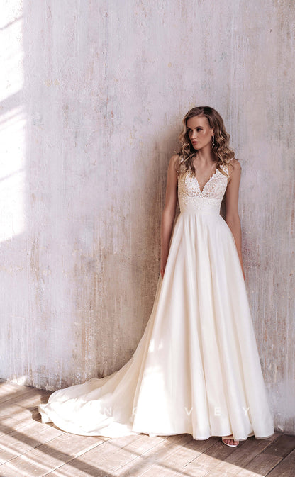 H0864 - Glitter Illusion Floral Lace V- Neck Sleeveless With Train Wedding Dress