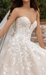 H0868 - Sheer Fully Floral Lace Plunging Illusion Open Back Strapless Ruched With Train And Overlay Wedding Dress