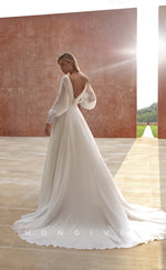 H0871 - Sheer Plunging Illusion Open Back Ruched Long Sleeve With Train Wedding Dress