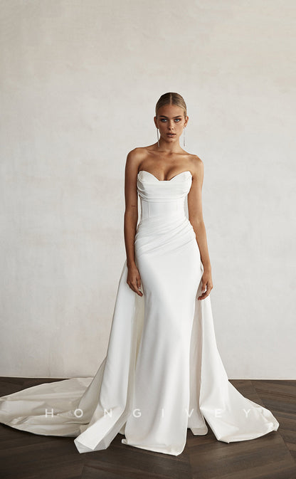 H0874 - Simple Strapless Ruched With Train And Slit Wedding Dress