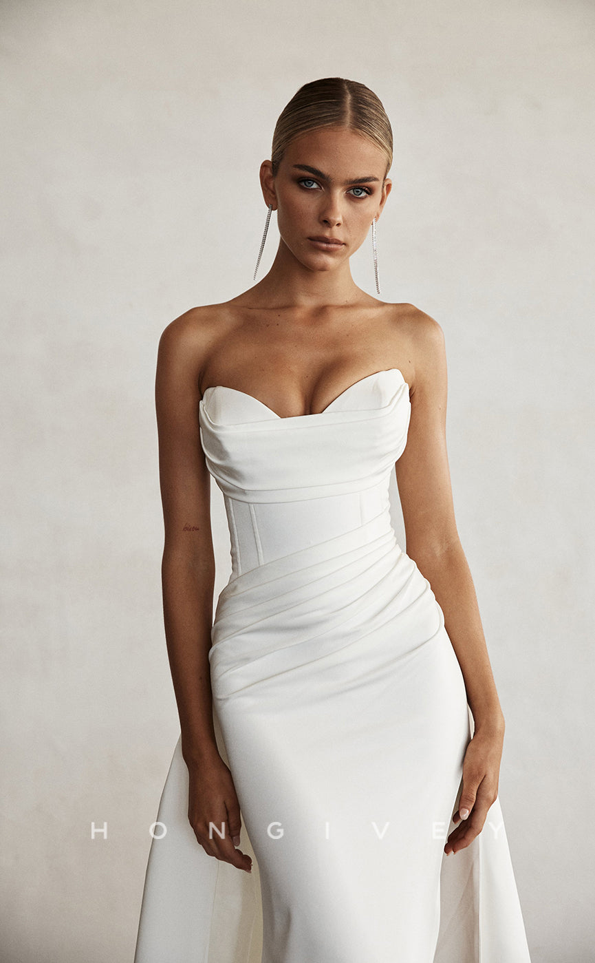 H0874 - Simple Strapless Ruched With Train And Slit Wedding Dress