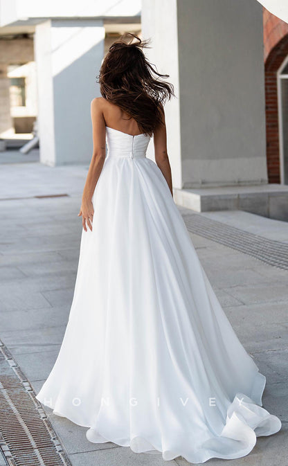 H0876 - Pearl Embellished Strapless Ruched Open Back With Train Wedding Dress