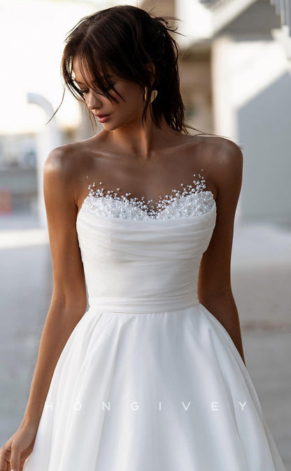 H0876 - Pearl Embellished Strapless Ruched Open Back With Train Wedding Dress