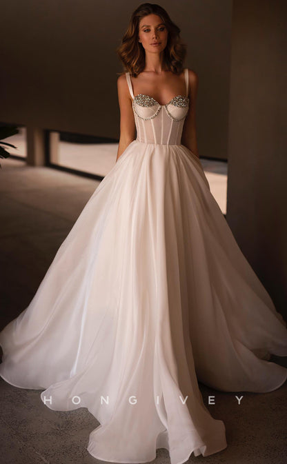 H0877 - Sheer Crystal Beaded Ruched Open Back With Train Wedding Dress