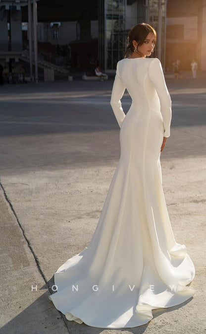 H0882 - Couture Crystal Beaded Deep V-Neck Long Sleeves With Train Wedding Dress