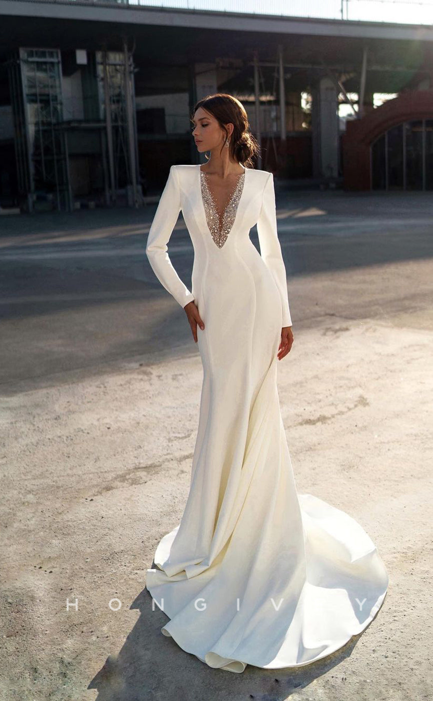 H0882 - Couture Crystal Beaded Deep V-Neck Long Sleeves With Train Wedding Dress