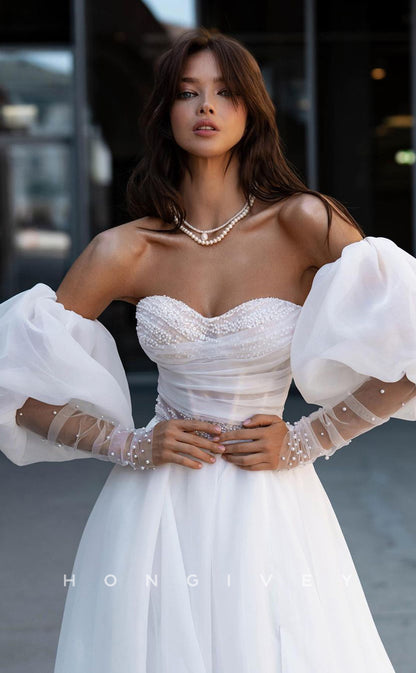 H0883 - Sweet Sheer Beaded Embellished Puff Sleeves With Train And Slit Wedding Dress